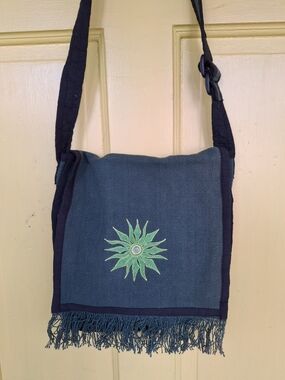 Dark Green Embroidered Fringe Crossbody Bag